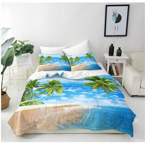 Housse de Couette 200x200 cm avec 2 Taies d'oreiller 65x65 cm Microfibre Parure de Lit Imprimé Tropical Océan Plage Palmier - BMF (1/4)