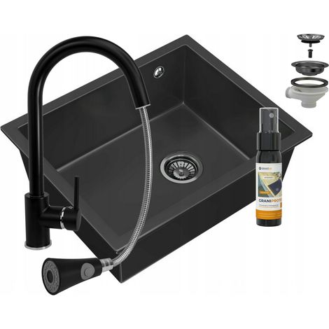 Évier de cuisine en granit Granitan Salix une cuve avec siphon et robinet Snake inclus noir (1/5)