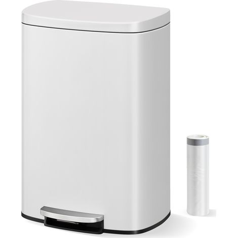 Poubelle à pédale 50L, Acier inoxydable, Couvercle à fermeture silencieuse, Idéal cuisine & bureau, Blanc (1/5)