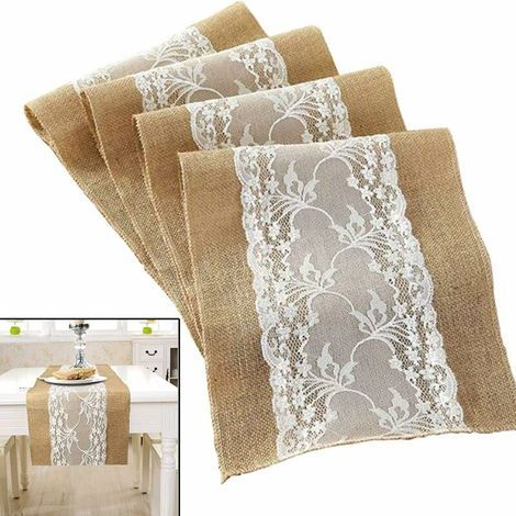Camino de mesa rústico vintage AIDUCHO, mantel de arpillera blanca con encaje, para decoración del hogar, bodas, festivales y fiestas, estuche, 30 x 220 cm (1/4)