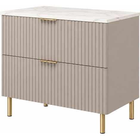 Meuble sous-vasque sur pieds 80 cm, 2 tiroirs, avec plan de travail, Cachemire / Plan Marbre, poignées dorées, pieds dorés, 80 x 46 x 73,6 cm (1/5)