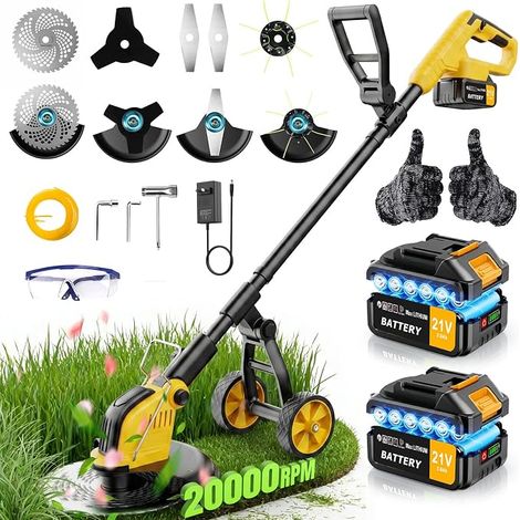 Electric Brushcutters without FI 21 V, Cordless Trimmer with 2 x 3.0Ah Battery and Charger, Brushless Motor 800 W, 30 cm Battery Brushcutter with Wheel & 4 Types of Blades for Garden Pruning (1/5)