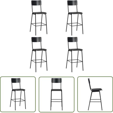 The Living Store Chaises de bar lot de 4 noir contreplaqué solide et acier - Chaise De Bar - Tabouret De Bar - Meubles De Salle À Manger - Chaises Noires - Chaises Solides (1/5)