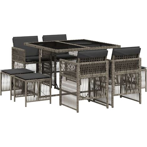 9 Piece Garden Dining Set with Cushions Grey Poly Rattan vidaXL (1/5)