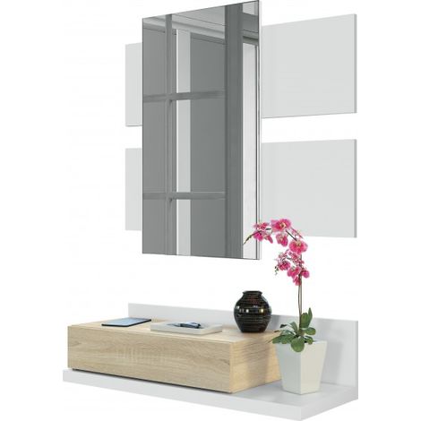 Abitare – Meuble d'entrée suspendu 75x29x20 cm blanc mat et chêne canadien – Miroir rectangulaire et tiroir pratique – Ensemble de meubles d'entrée