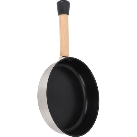 Poêle à frire en acier inoxydable 304, revêtement antiadhésif, portable, avec manche en bois et sac de rangement, compatible avec les réchauds à gaz, idéale pour le camping et les pique-niques. (1/5)