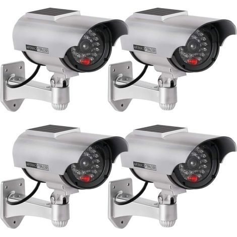 4Pcs Caméra Factice Intérieur Extérieur Solaire, Étanche, Fausse Caméra de Surveillance CCTV avec Lumière LED Rouge Clignotante (Argenté) (1/5)