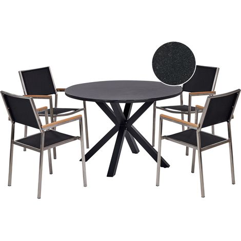 Set da pranzo da giardino a 4 posti Mobili da esterno Tavolo in alluminio Piano in vetro Sedie in rattan PE Telaio in acciaio inox nero Maletto/Grosseto