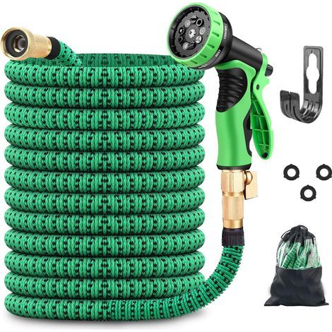 Tuyau d'Arrosage Extensible 15m - Tuyau d’Eau Réglable avec 1/2'' et 3/4'' (19mm et 13mm) Adaptateurs, 9 Modes d'Arrosage, Latex Triple Épaisseur Durable avec Raccords en Laiton et Sac (1/5)