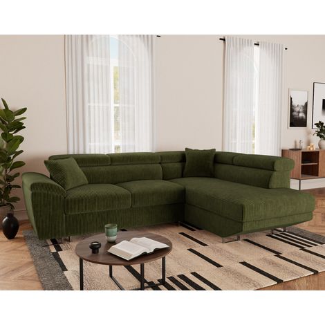 Bestmobilier – Canapé d'angle droit 5 places convertible avec têtières ajustables – Coffre de rangement – Velours côtelé vert – Style contemporain (1/5)