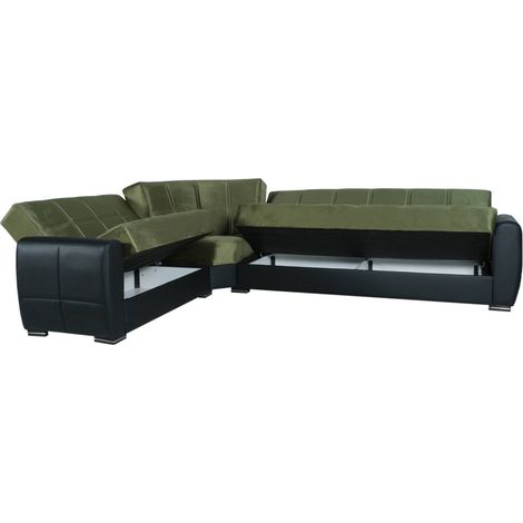 Dmora - Divano letto con penisola Gaillardia, Divano contenitore ad angolo in ecopelle e tessuto, Sofà con apertura click-clack, 305x238h91 cm, Nero e Verde (1/3)