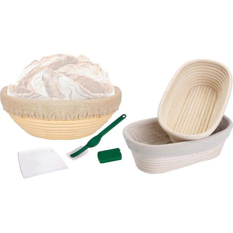 1 panier de fermentation de 25 cm (10 pouces) comprenant : panier, doublure en tissu, racloir à pâte, lame à pain et 2 paniers à pain en rotin de 25 cm (10 pouces). (1/5)