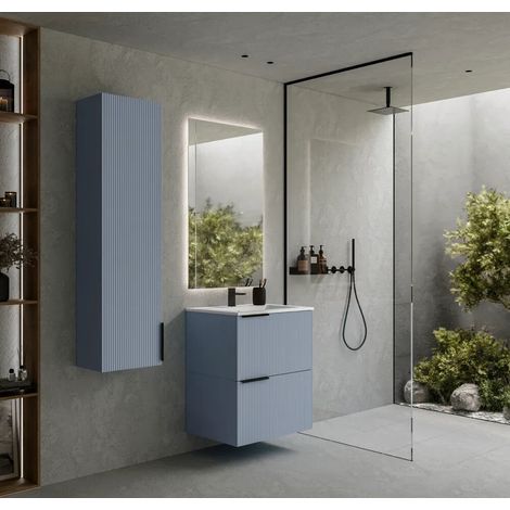 Mobile bagno sospeso cannettato 60 cm azzurro capri 2 cassetti con lavabo in ceramica e colonna Fuji (1/3)