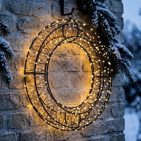 Metall Lichterkranz schwarz mit Timer für Außen und Innen - 30 cm - Weihnachtskranz zum Hängen mit 480 LEDs in warm weiß beleuchtet