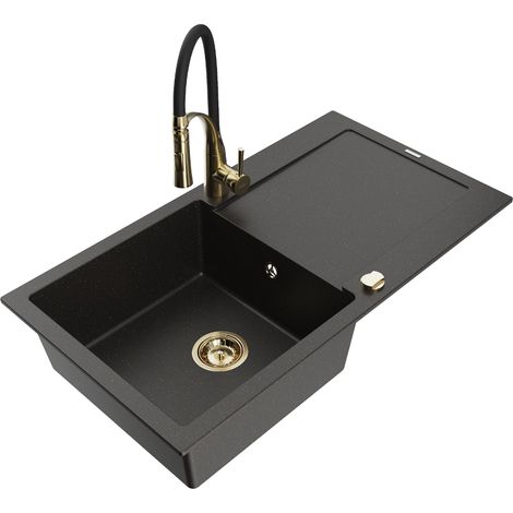 Mexen Leo lavello in granito a 1 vasca con scolapiatti e rubinetto da cucina Aster, nero/oro metallizzato - 6501-75-73450-57-G (1/5)