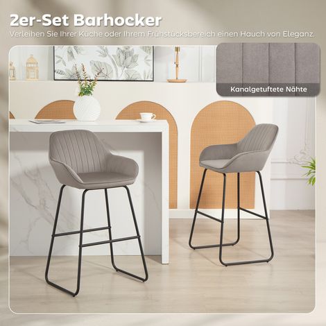 Ensemble de 2 tabourets de bar, sièges hauts avec housse en textile et coussin en mousse, chaises rembourrées aux pieds métalliques, gris (1/4)