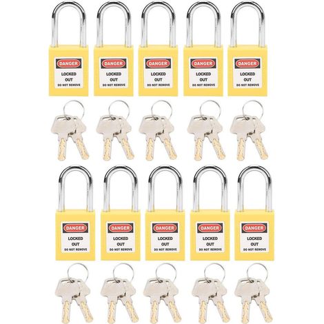 10er Set Sicherheitsvorhängeschlösser 38mm Gelb mit 20 Schlüsseln, beschriftbar