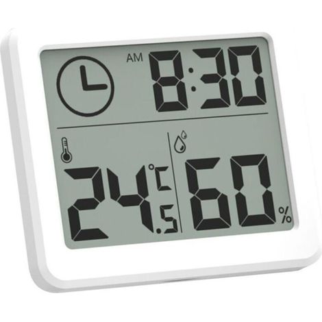 Mini termometro digitale da interni, igrometro portatile professionale con ampio schermo e orologio, termometro bianco preciso, igrometro per la casa -Crezuo