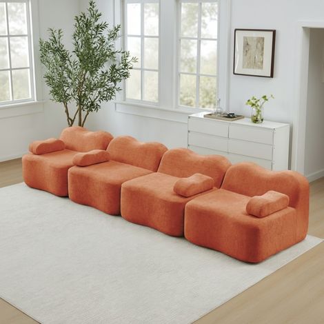 Canapé Modulable 4 Places Sans Cadre, Forme de Vague, Mousse Haute Densité 32D, Assise Profonde, Accoudoirs Amovibles, Couleur Ora (1/5)