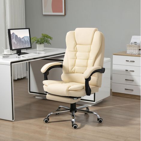 MODFU – Sillón de oficina con reposapiés, respaldo reclinable 145°, altura ajustable y tapizado de polipiel – Blanco crema (1/5)