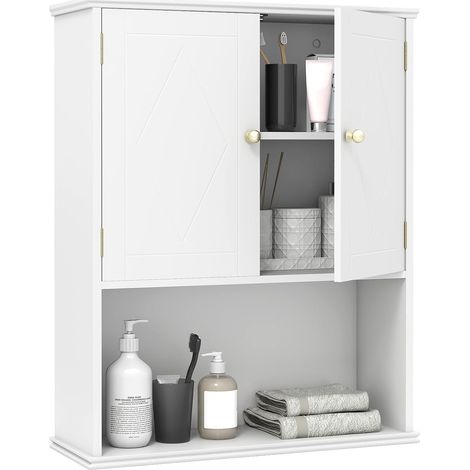 COSTWAY Mobile da Bagno da Parete, Mobiletto Salvaspazio a Muro a 2 Ante con Ripiano Aperto e Ripiano Regolabile, Armadietto per Cucina, Soggiorno e Ingresso, 60 x 21 x 75 cm (1/5)