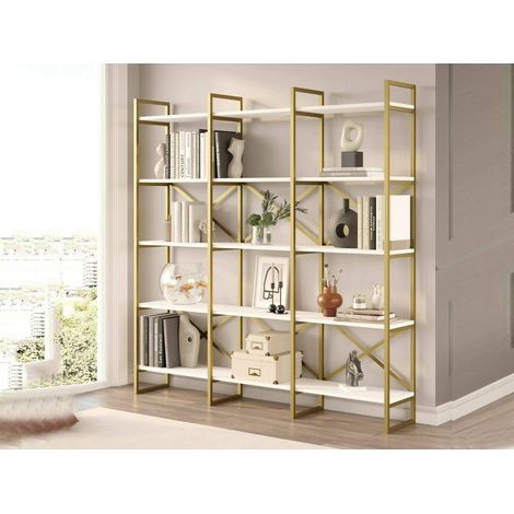 Dmora - Bücherregal Sagit, Büroregal, Mobiler Buchhalter, Bücherbrett, 170x30h175 cm, Weiß und Gold, mit verstärkter Verpackung (1/5)