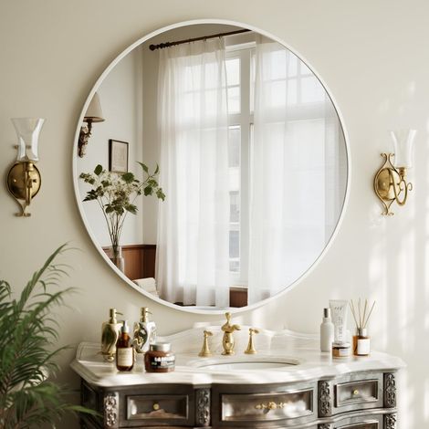 Miroir rond de 106 cm - Cadre en aluminium incassable - Miroir mural de salle de bain - Peut être suspendu ou posé - Convient pour chambre à coucher, salle de bain, salon - Blanc (1/5)