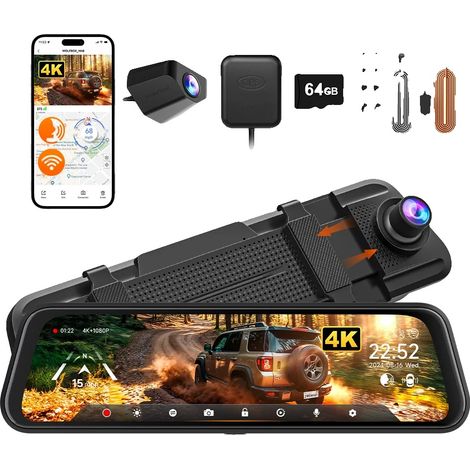 Dashcam, risoluzione 4K + 1080P, doppia fotocamera, kit cablato incluso, scheda TF da 64 GB in omaggio. (1/2)