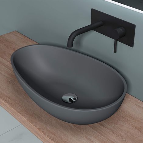 doporro Lavabo da Appoggio, Lavandino Bagno 59.8x36x14cm, Lavabo Ovale da Minerale Fuso Colossum809, Antracite Opaco (1/5)