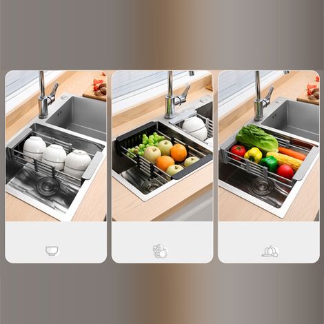 Passoire Rétractable Inox pour Évier, Grande Grille Gris Foncé pour Légumes Fruits Vaisselle, Design Portant Fort
