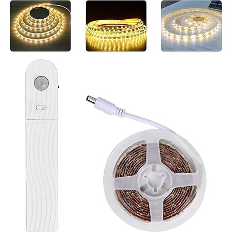 LED Strip with Motion Sensor, 2 m LED Strip Sticker, LED Light, 120 LED Dimmable Battery Operated LED Strip, Light Strip for Kitchen, Closet, Wardrobe, Stairs (Warm White) (1/5)