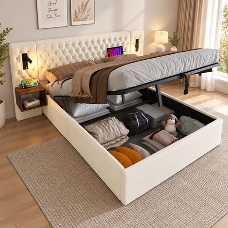 Lit coffre rembourré 180 x 200 cm avec 2 tables de chevet, rangement hydraulique, lampe de lecture, charge USB, velours, beige (1/4)
