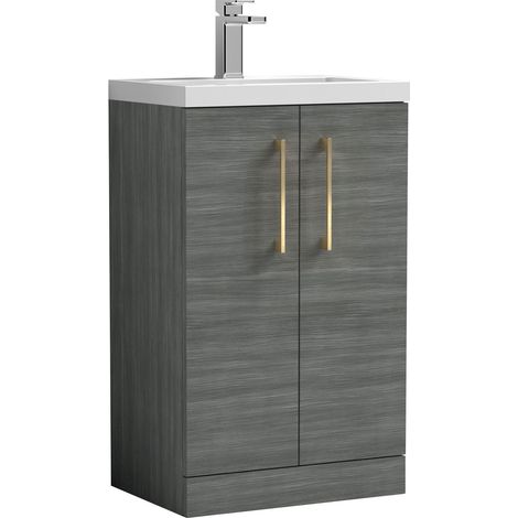 Balterley Level Compact Bathroom Cloakroom Vanity Basin Unit with Ceramic Basin, Brushed Brass Handles, 500mm, Woodgrain Grey