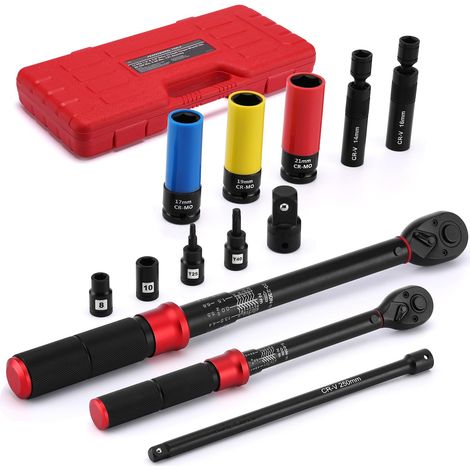 Lot de 13 clés dynamométriques à 72 dents 1/2" et 3/8", 20-220 Nm, 5-60 Nm, avec barre d'extension, adaptateur, douille à choc de roue, douille à bougie d'allumage, embouts Torx et douilles (1/5)