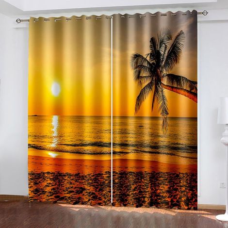 Rideaux à œillets pour chambre d'enfant -Paysage de cocotiers jaunes coucher de soleil 170 x 200 cm -Rideaux 3D -Rideaux perforés opaques d'intérieur -Isolation et réduction du bruit -Applicable - 67x (1/5)