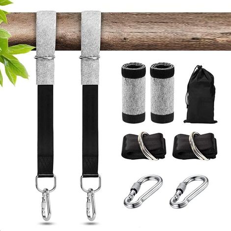 Sangle Balancoire Arbre, 300cm Fixation de Balançoire de Suspension avec Robustes Mousquetons, Anneaux en D et Coussinets de Protection d'arbre - pour Hamac et Balancoire de Jardin Charge Max 1000KG