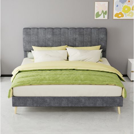 Lit rembourré 160 x 200 cm moderne en tissu gris avec tête de lit douce (1/5)
