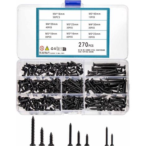 Ensemble de 270 vis autotaraudeuses M3 M4 M5, visser à tête cruciforme plate noire pour tôles, vis à bois autotaraudeuses à tête fraisée pour bois Plastique métal doux (M3M4M5) (1/5)