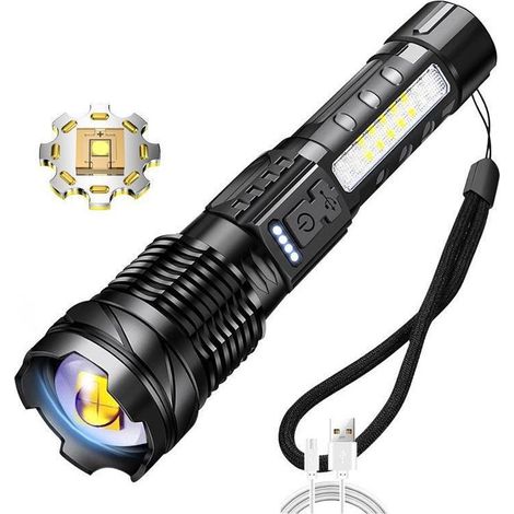 Lampe Torche LED Ultra Puissante Lampe de Poche USB Rechargeable 7 Modes Lampe Torche Tactique avec Clip pour Camping Randonnée Urgence (1/5)