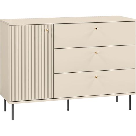Selsey – Buffet 3 tiroirs 120 cm – Beige avec poignées dorées – Panneau stratifié et façades MDF – Fermeture douce et pieds métal noir (1/5)