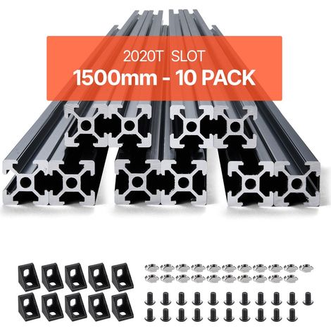 Profilés d'Extrusion en Aluminium 2020, Lot de 10, Rail Linéaire Anodisé Norme Européen Rainure en T 1500 mm, Haute Résistance, pour Imprimante 3D, Machine Bricolage CNC, Gravure au Laser, Noir (1/5)