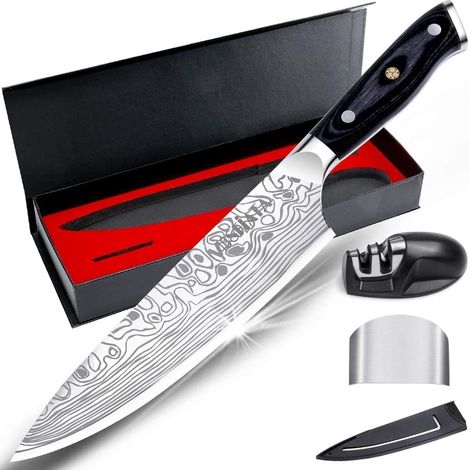Kitchen Knife, Kitchen Knife, Chef Knife with Sleeve, Finger Guard and Sharpener, Stainless Steel Chef's Knife-20cm (1/5)