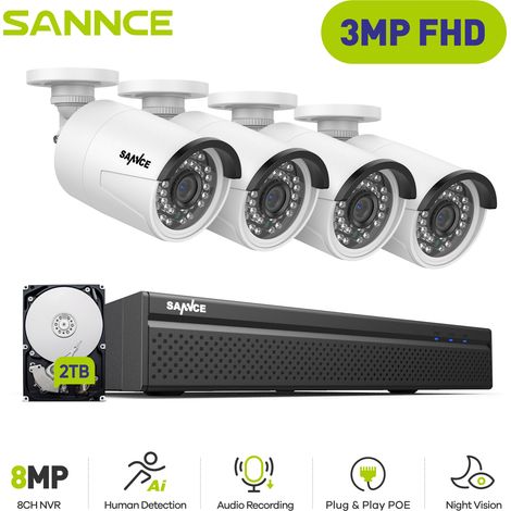 Kit de Videovigilancia Exteriores 3MP SANNCE,4 IP Cámaras Visión Nocturna Inteligente Infrarrojos Detección Movimiento, Sistema de Cámaras de Seguridad Cable 2TB (1/5)