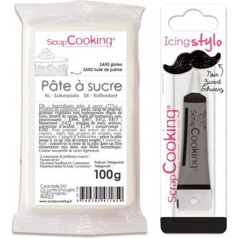 Pâte à sucre blanche 100 g + Stylo de glaçage noir