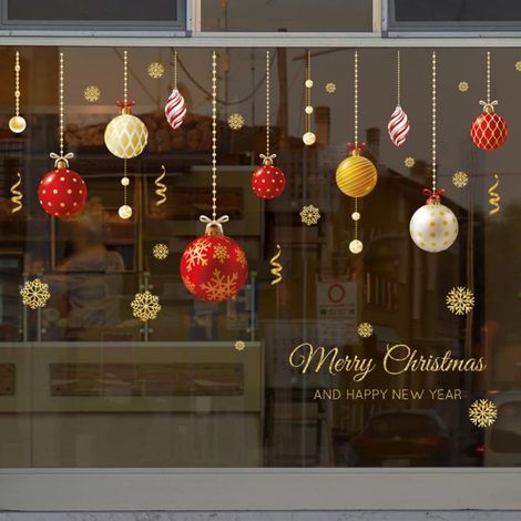 Autocollants de fenêtre de Noël, autocollants muraux, décoration de vitrine en verre, ornements de Noël dorés, autocollants de boule colorée (1/5)