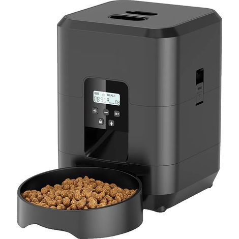 Dispensador automático de comida para mascotas, capacidad de 2 litros, controlado por aplicación, botón de 2 litros, color negro. (1/2)