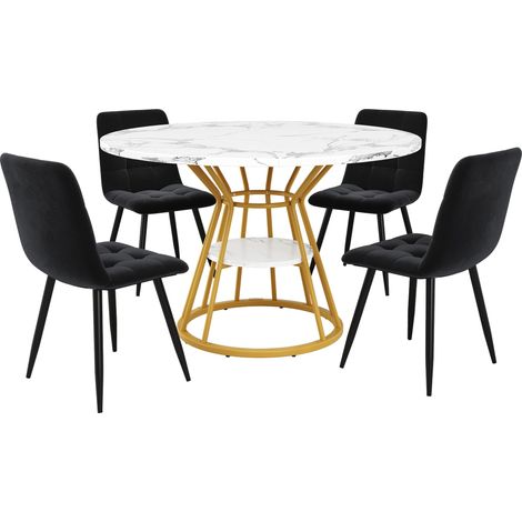 Ensemble de table 5 pièces, table à manger ronde 100 x 100 x 76 cm avec 4 chaises, table ronde pour 4 personnes, chaise en velours, table à manger à plateau en marbre, chaises noires (1/5)