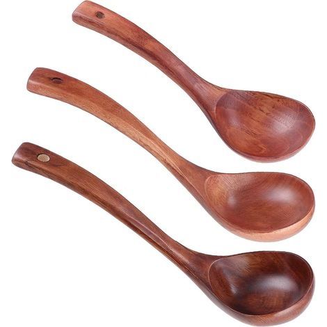 Lot de 3 louches à soupe en bois naturel, cuillère à soupe à grains, durable, convient pour la bouillie, la soupe, le râmen le restaurant et la maison (3 tailles, S, M, L) (1/4)