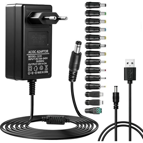 Alimentation 12V 3A 36W Universal Adaptateur Transformateur 220V Chargeur Universel 12V 14 DC Plug Bande LED Routeur Caméra GPS Haut Parleur Écran PC l'électronique Protection Court Circuit (1/5)