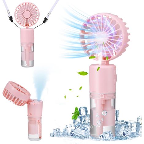 Mini ventilador portátil con nebulizador, recargable por USB, 4000 mAh, [5-21 horas de autonomía], 4 velocidades, silencioso, plegable, para exteriores y viajes, color rosa